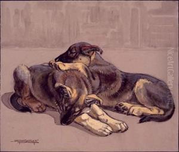 Deux Chiens Bergers Couches Oil Painting by Eugene Cartier