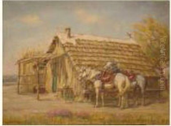 Chevaux Devant Un Cabanon Oil Painting by Eugene Cartier