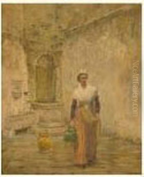 A La Fontaine Oil Painting by Eugene Cartier