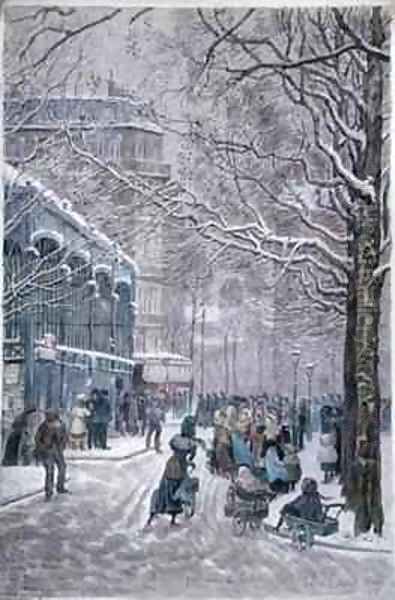 Queue for coal in the Fourteenth Arrondissement, Place du Marche, rue Brezin and avenue du Maine, Paris Oil Painting by Felix Brard