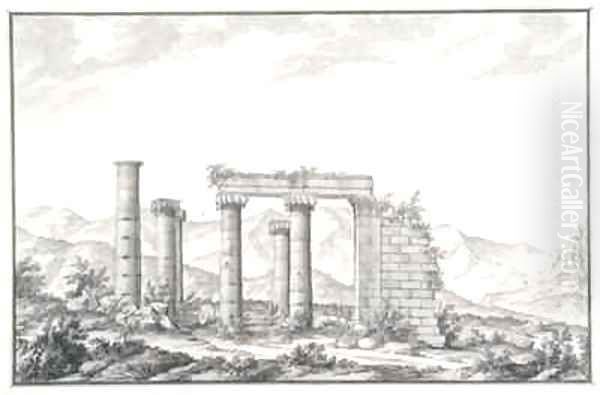 View of the ruins of an Ionic temple at Sardis, probably the Temple of Neptune Oil Painting by Giovanni Battista (Giambattista) Borra