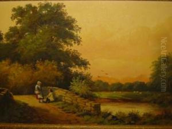 Landscape With Figures On A Bridge Oil Painting by William P. Cartwright