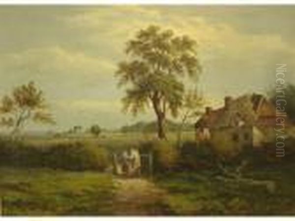 Two Figureson A Garden Path Beside A Cottage At Marston Green, Signed Oil Painting by William P. Cartwright