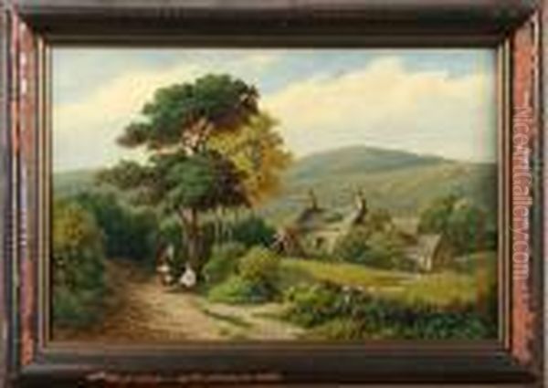 Cottages Neardotgelly, Signerad O Daterad Wp Cartwright 1887 Oil Painting by William P. Cartwright