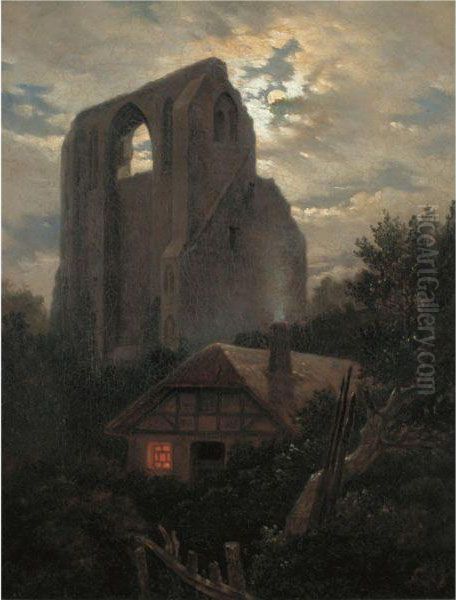 Ruine Eldena Mit Hutte Bei 
Greifswald Im Mondschein (ruins Of Theeldena Monastery, Greifswald) Oil Painting by Carl Gustav Carus