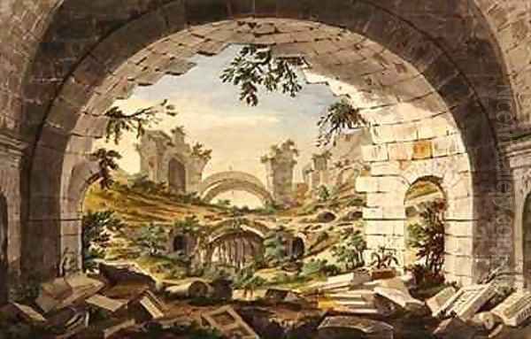 Ruins at Pergamon, probably of tthe Amphitheatre Oil Painting by Giovanni Battista (Giambattista) Borra