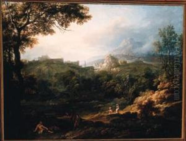 An Italianate Landscape With Figures On A Hillside Oil Painting by Robert Carver