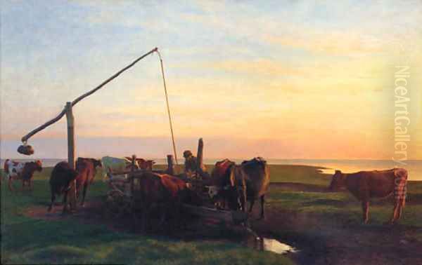 Cattle Watering At Sunrise Oil Painting by Hans Brasen