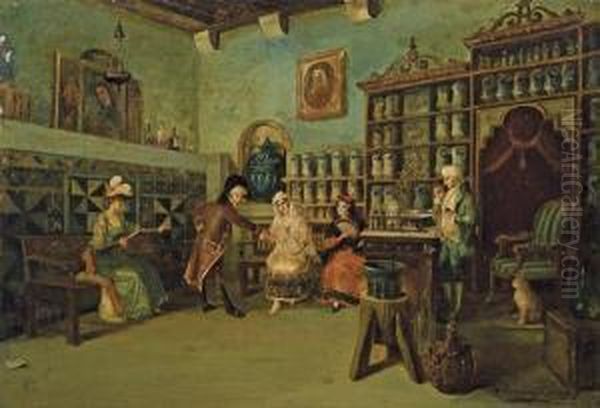 Meeting At The Apothecary Shop Oil Painting by Antonio Salvador Casanova Y Estorach