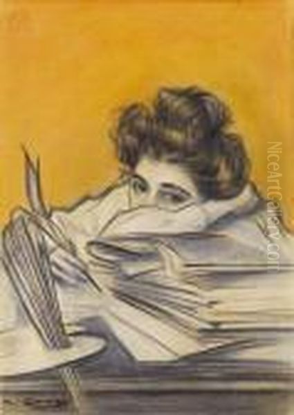 Skizze Zum Titelblatt Der Zeitschrift Pel & Ploma Oil Painting by Ramon Casas Y Carbo