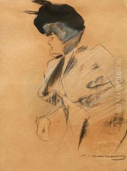 Una Joven De Perfil. Dibujo A 
Carboncillo, Tinta China Y Pastel. Firmado. Con El Sello En Seco De Pel I
 Ploma. 32x24 Cm Oil Painting by Ramon Casas Y Carbo