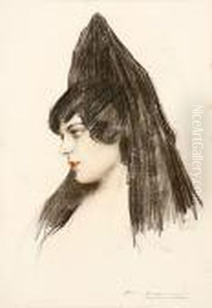 Modelo Con Mantilla. Firmado. Realizado Hacia 1925-1930 Oil Painting by Ramon Casas Y Carbo