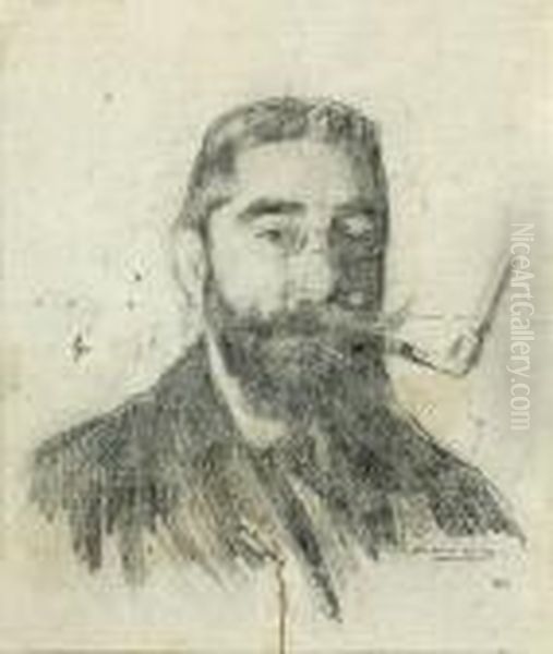 Autorretrato Con Pipa. Firmado. Dibujo A Lapiz Sobre Papel. 12x10 Cm Oil Painting by Ramon Casas Y Carbo