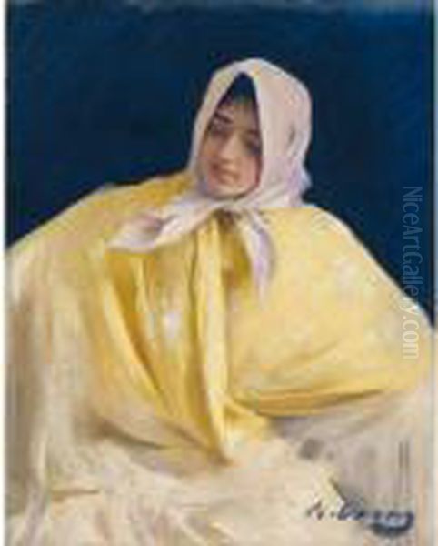 Chula Con Manton Amarillo (girl With A Yellow Shawl) Oil Painting by Ramon Casas Y Carbo