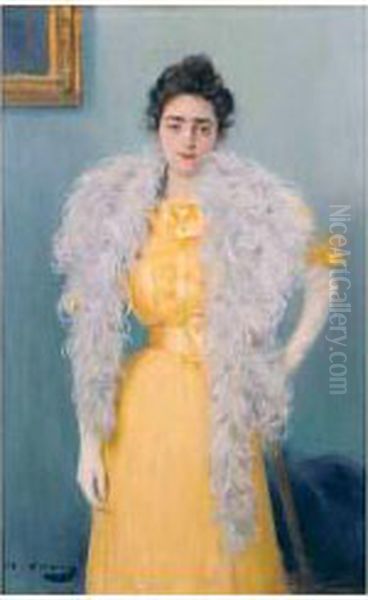 Mujer Con Boa (woman With Boa) Oil Painting by Ramon Casas Y Carbo