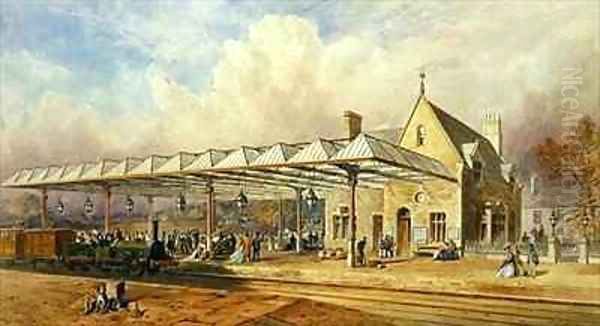 Railway Station Oil Painting by John Osborn Brown