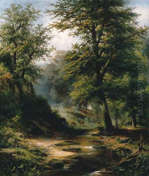 Deer By A Woodland Stream Oil Painting by Joseph Bernardi