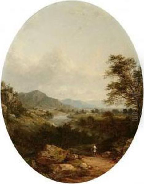 Circle Of John William Casilear . Traveler On Path In Extensive Landscape Oil Painting by John William Casilear