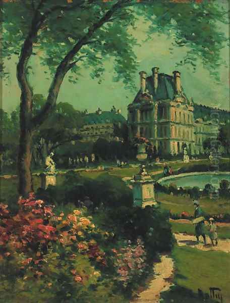 Louvre et les Tuileries; and Le Marche de Fleur Oil Painting by Louis Battin