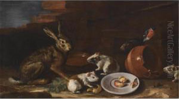 A Farmyard Scene With A Still Life Of A Rabbit Oil Painting by Giovanni Agostino Cassana