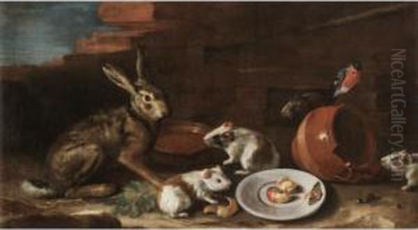 A Farmyard Scene With A Still 
Life Of A Rabbit, Guinea Pigs, Apple-peel And A Butterfly On A Plate, 
Together With A Terracotta Jug And Bowl Oil Painting by Giovanni Agostino Cassana