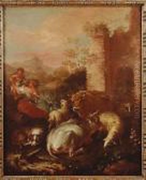 A Shepherdess, Her Child And A 
Dog Tending Cattle, Sheep, A Goat And A Ram By Ruins In An Italianate 
Landscape Oil Painting by Giovanni Agostino Cassana