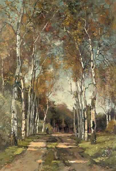 A birch-lined lane Oil Painting by Theophile De Bock