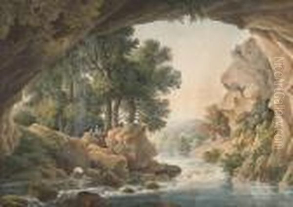 Personnages Orientaux Au Bord D'un Torrent
Et Paysage Montagneux Classique Avec Chateau Et Pyramide Oil Painting by Louis Francois Cassas