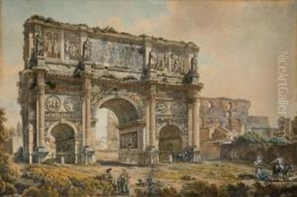 L'arc De Titus, Le Colisee A L'arriere-plan, A Rome Oil Painting by Louis Francois Cassas