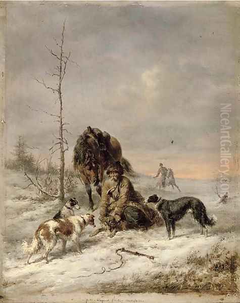 Russian huntsmen in the snow Oil Painting by Wilhelm Amandus Beer