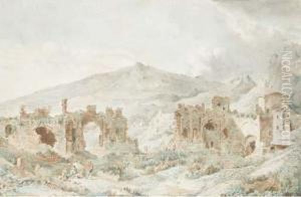 Les Ruines De Taormine Avec L'etna Dans Le Fond Oil Painting by Louis Francois Cassas