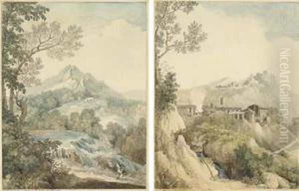 A Mountainous Landscape With A 
Waterfall Near Terni, A Fisherman Inthe Foreground; And A Mountainous 
Landscape Above Tivoli With Awaterfall, Horace's Country House In The 
Foreground Oil Painting by Louis Francois Cassas