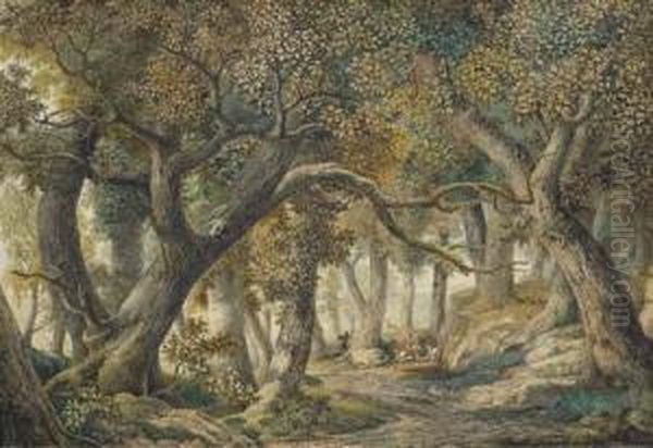 A Wooded Landscape With A Stag Hunt Oil Painting by Louis Francois Cassas