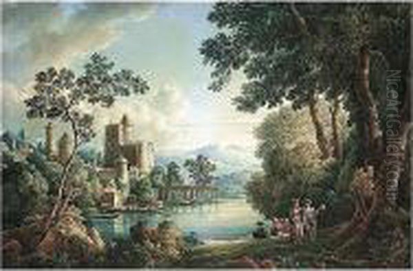 A Capriccio View With Turkish 
Figures By A Lake, A City With A Fortress And A Minaret On The Other 
Bank Oil Painting by Louis Francois Cassas