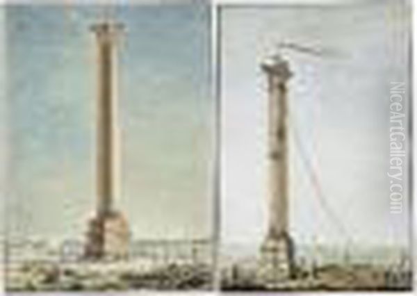 A Pair Of Drawings Of Columns: 
A) Pompey's Column At Alexandria With A Kiteflier; B) A Column By The 
Sea With The French Flag Flying Oil Painting by Louis Francois Cassas