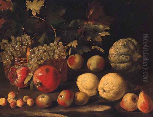 Grapes in a basket with a melon Oil Painting by Abraham Brueghel