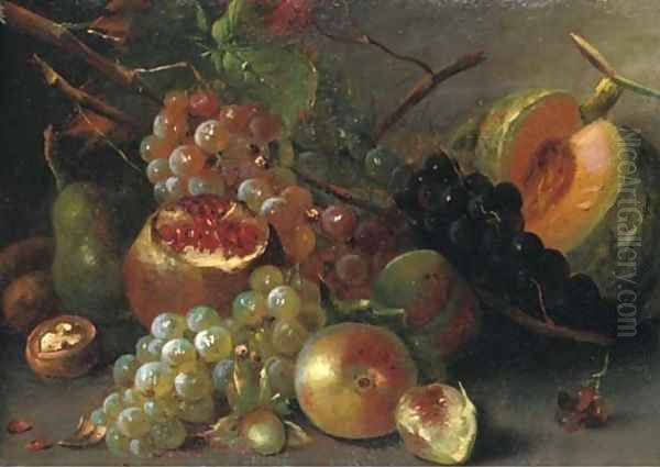 Grapes, a melon, cherries, a walnut, a pomegranate and other fruits on a wooden ledge Oil Painting by Abraham Brueghel