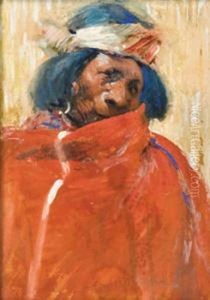 Indian With Red Robe Oil Painting by Ira Diamond Gerald Cassidy