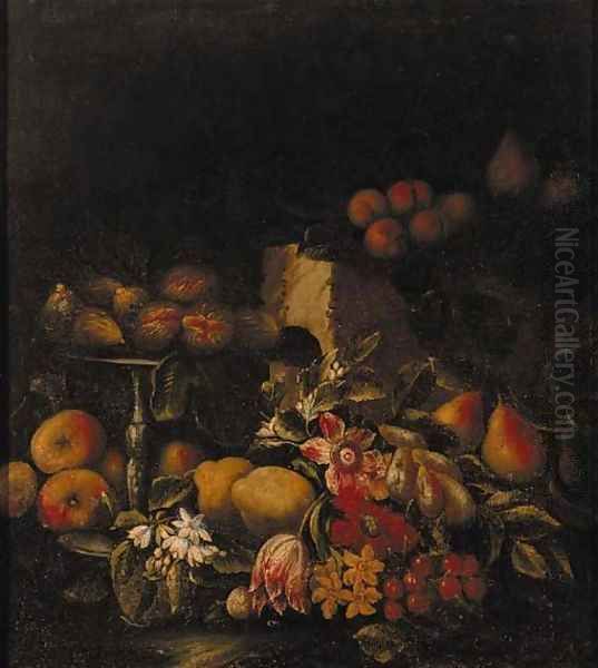 Figs on a silver tazza with apples Oil Painting by Abraham Brueghel