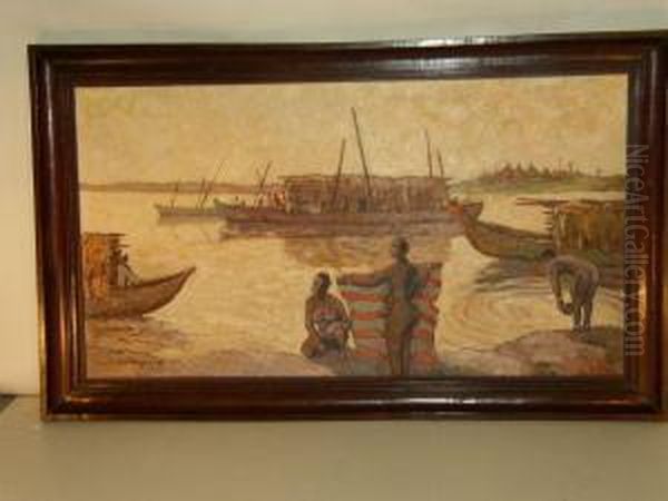 Bord De Mer Africain, Toile Sbg - 56 X 1 Cm Oil Painting by Pierre Castagnez