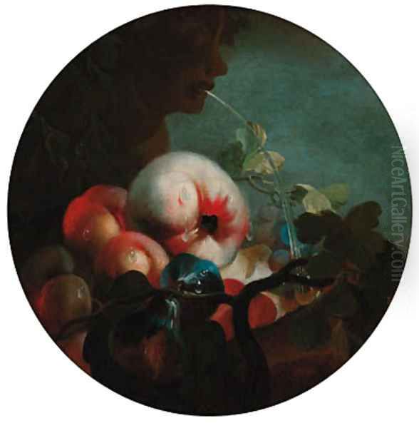 Peaches, an apple and figs by a fountain Oil Painting by Abraham Brueghel