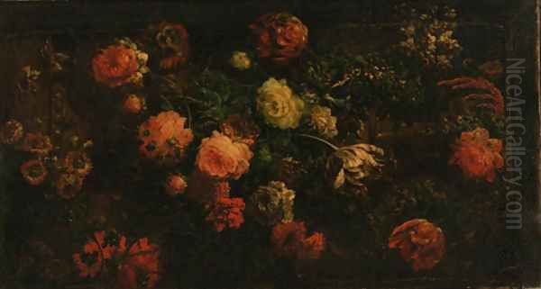 Tulips, peonies, poppies and other flowers against a stone ledge Oil Painting by Abraham Brueghel