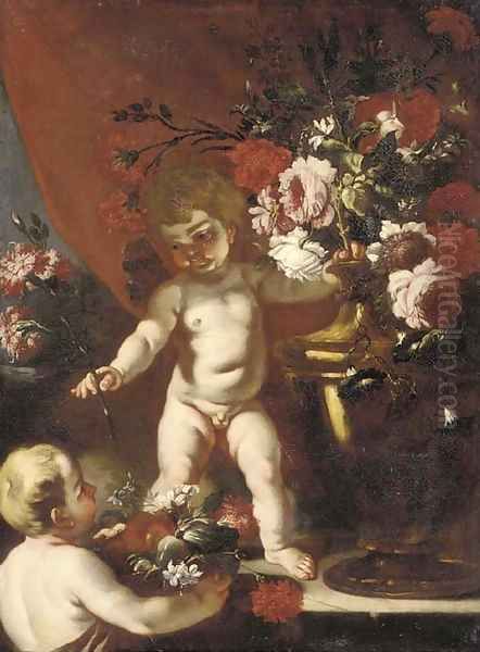 Putti with carnations, roses and other flowers in urns Oil Painting by Abraham Brueghel