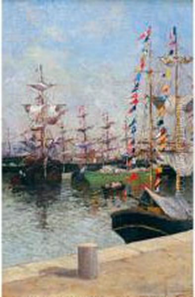 Bateaux A Quai Oil Painting by Francesco Coppola Castaldo