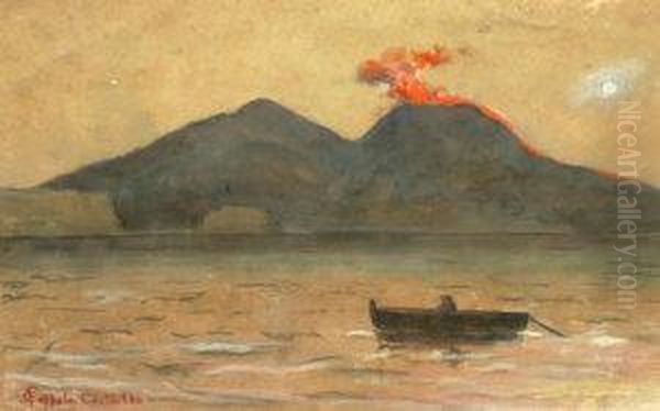 Manner Of Francesco Coppola 
Castaldo, Italian -- Fishing Vessel Off Stromboli; Black Chalk 
Watercolour And Gouache On Buff Paper, Bears Signature, 28x41.5cm Oil Painting by Francesco Coppola Castaldo