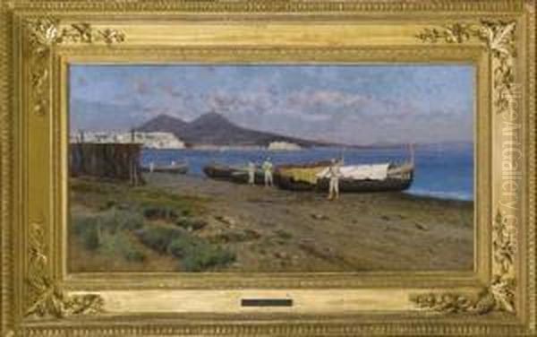 Napoli, Pescatori A Riva Oil Painting by Francesco Coppola Castaldo