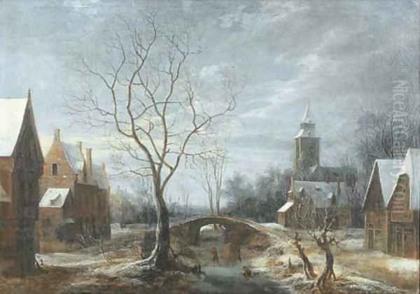 A winter landscape with figures on a frozen waterway in a village Oil Painting by Anthonie Beerstraten