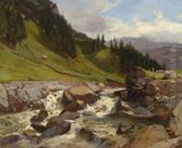 Alplandschaft Mit Wildbach Oil Painting by Gustave Castan