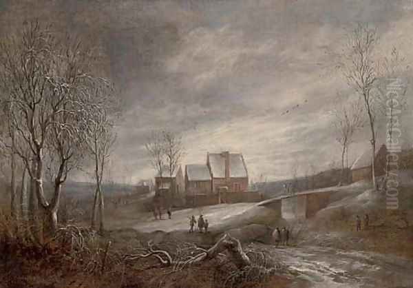 A wooded river winter landscape with figures on a track and men fishing on a frozen lake Oil Painting by Anthonie Beerstraten