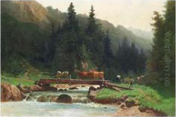 Vaches Au Ruisseau En Montagne Oil Painting by Gustave Castan